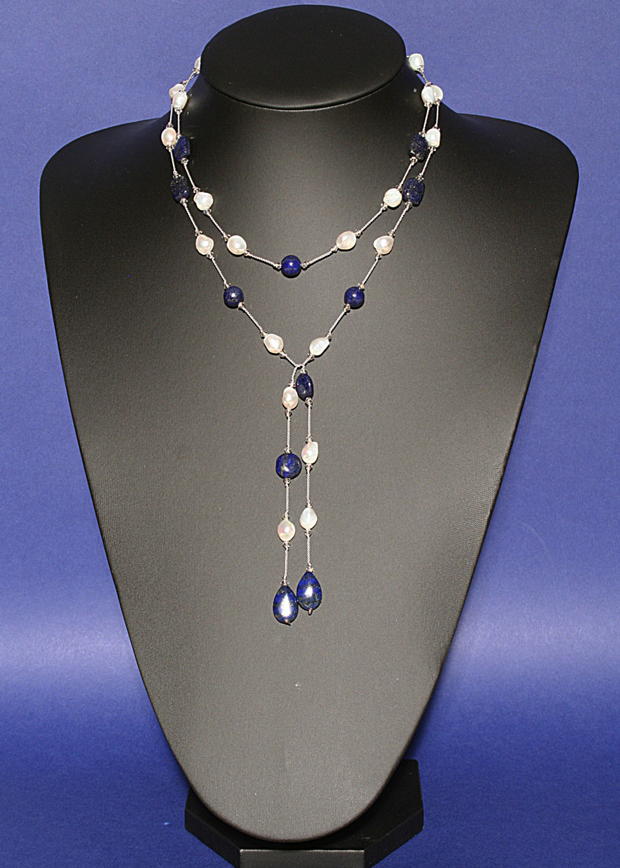 Freshwater pearl and lapis lazuli lariat
