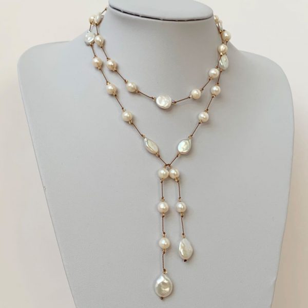 Freshwater pearl and crystal lariat