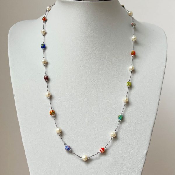 Freshwater pearl and multi-coloured glass bead necklace